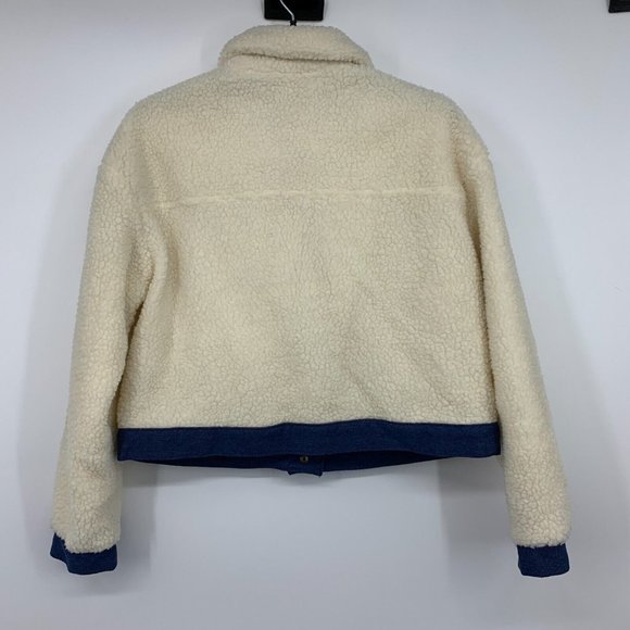 Shein Jacket Faux Shearling Button Front Beige Blue Contrast - Picture 8 of 11